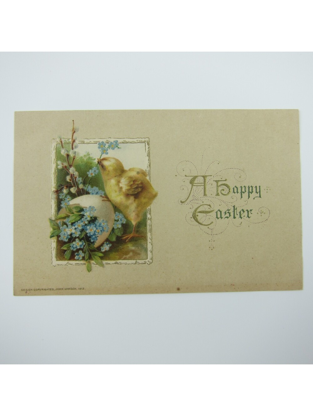 Easter Postcard Yellow Chick Egg Blue Flowers Gold Embossed Winsch Antique 1912
